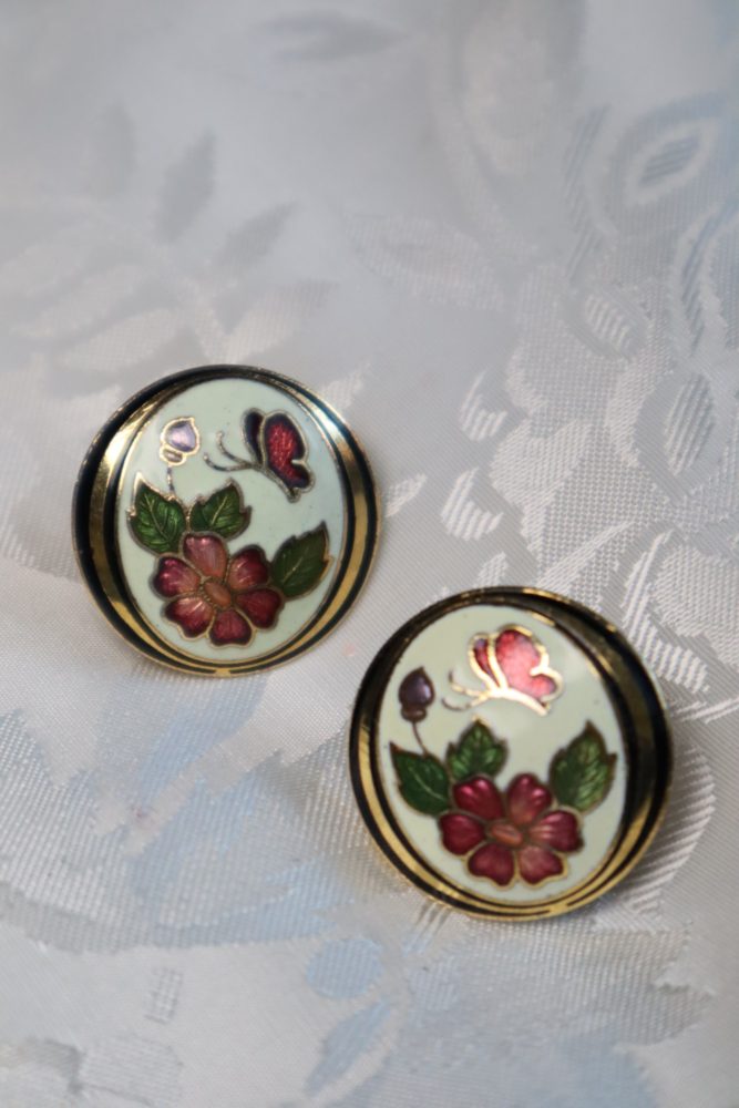 Cloisonné clip-on floral earrings