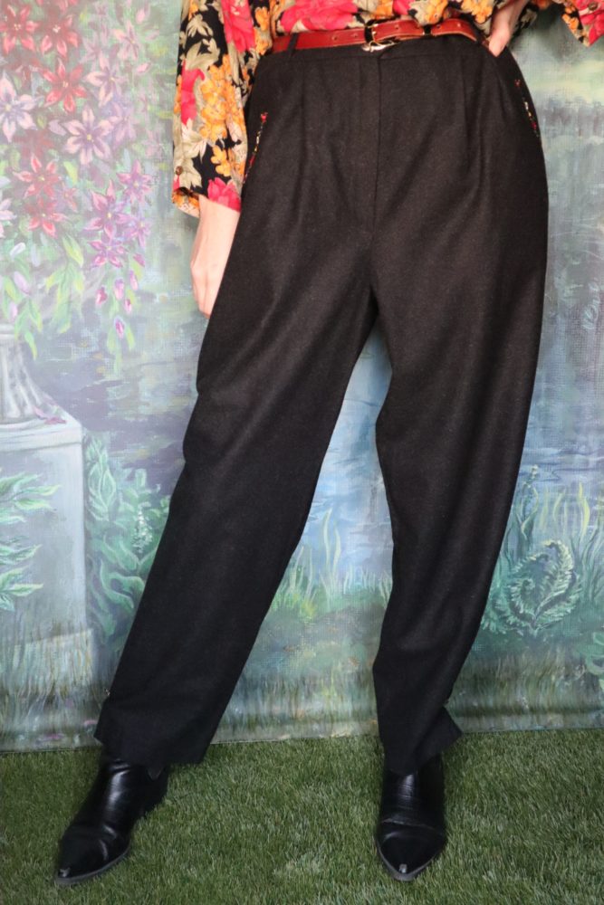 Wool blue – black trousers with small floral embroidery