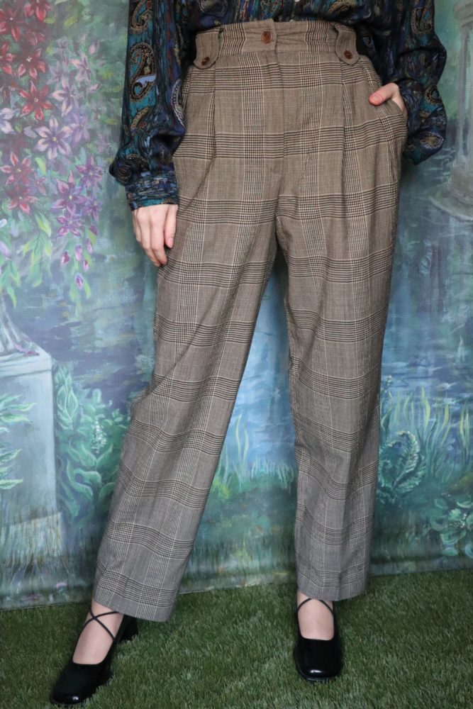 Gray checked high-waist trousers