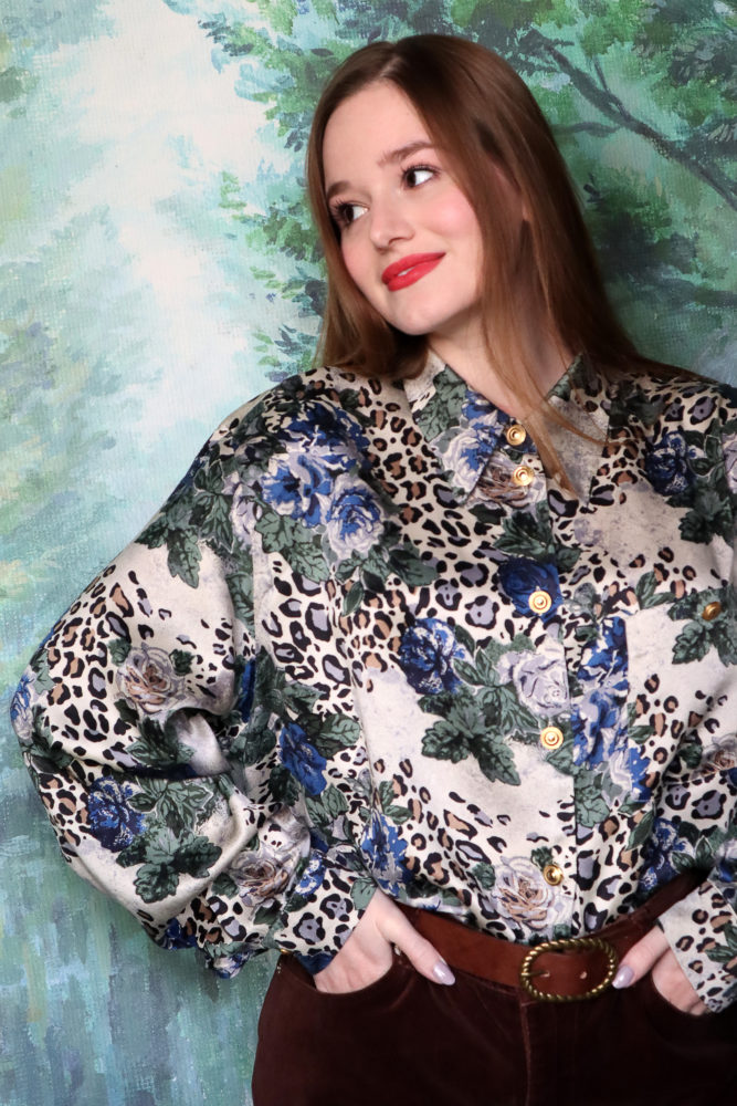80’s silk roses and animal print blouse