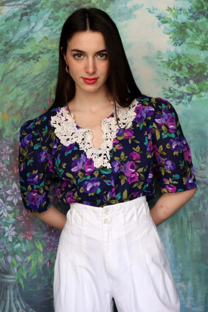 80’s Leslie Fay floral blouse with lace front