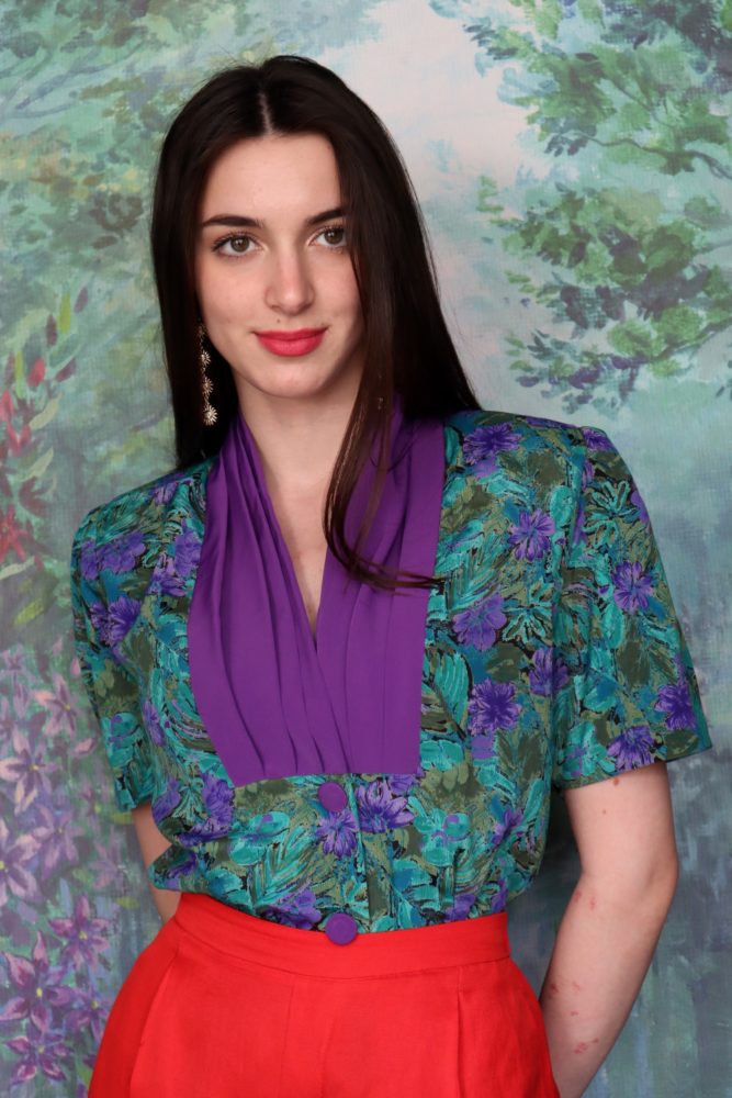 Bright summer floral blouse in purple and green tones