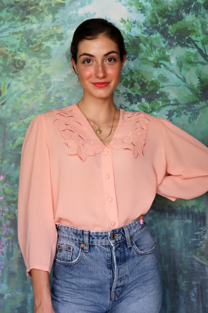 Light peach blouse with floral collar