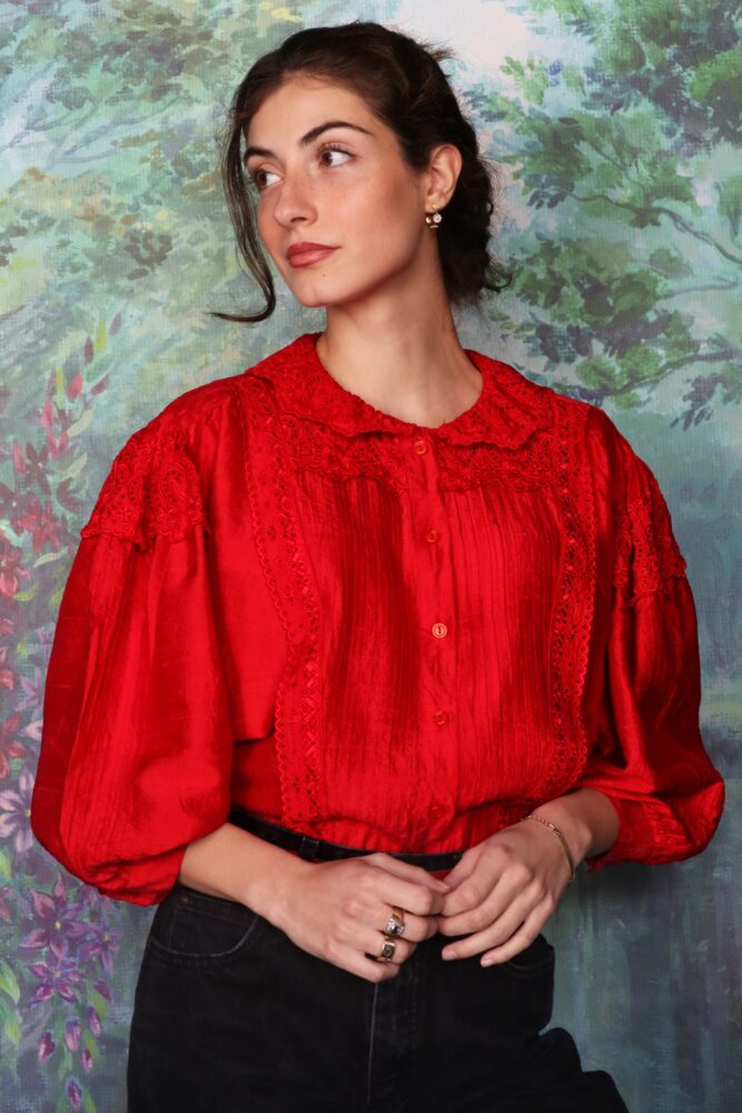 Silk red blouse with lace collar