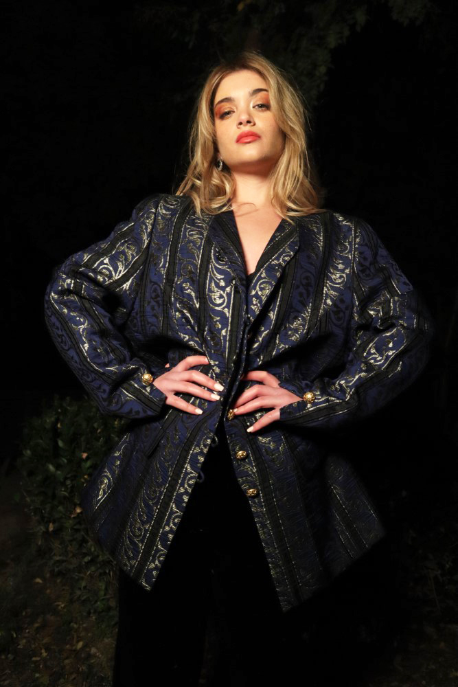 80s baroque electric blue and gold blazer