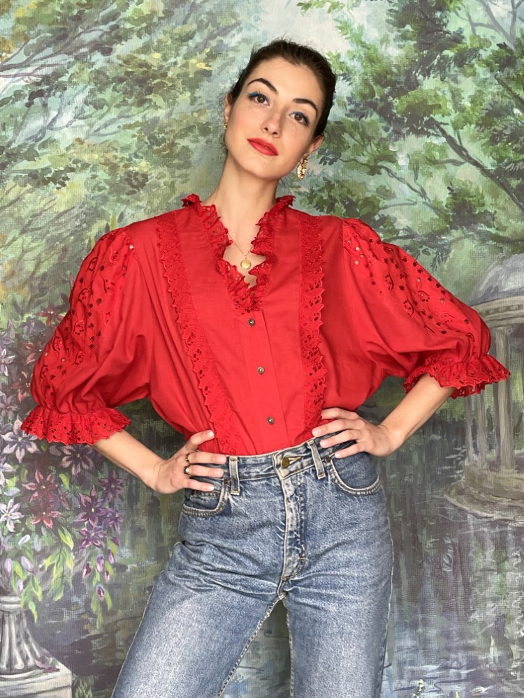 Austrian ruffle lace red blouse
