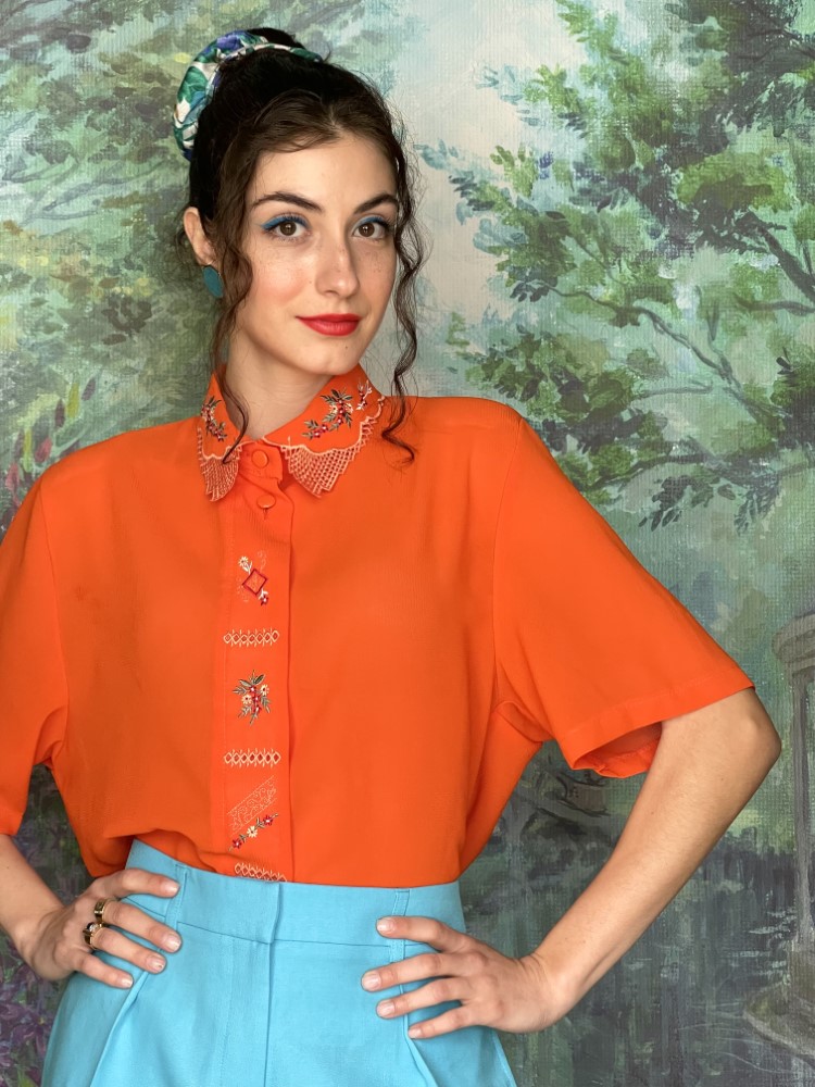 Orange vintage oversized blouse with floral embroidery front