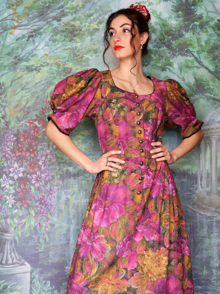 Austrian vintage purple floral dress with puffed sleeves
