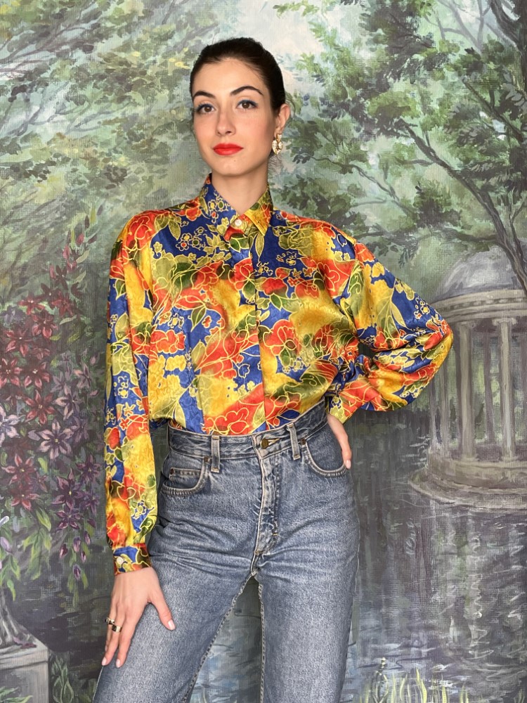 Bright abstract floral jacquard oversized blouse