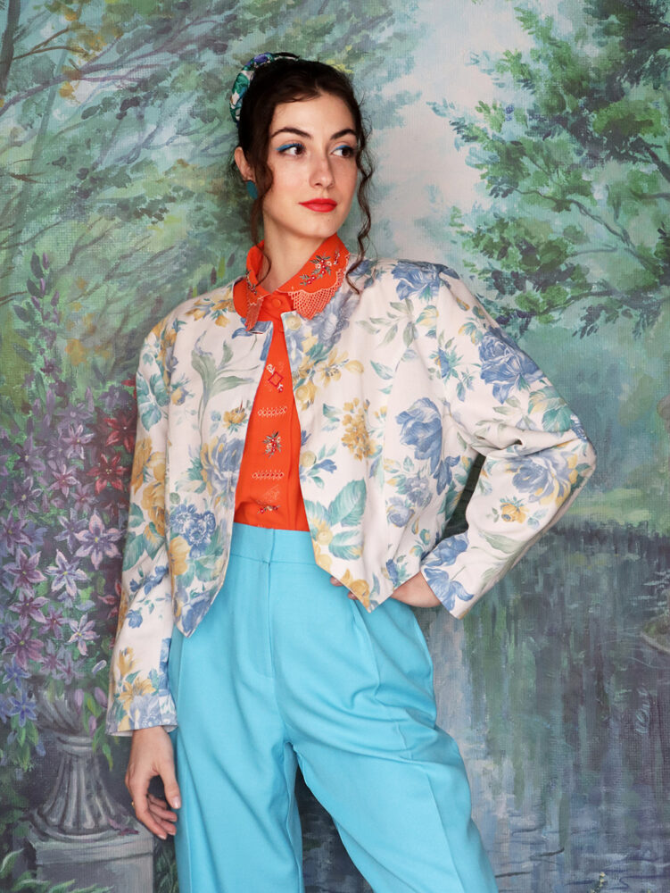 Pastel spring jacket in peonies and tulips pattern