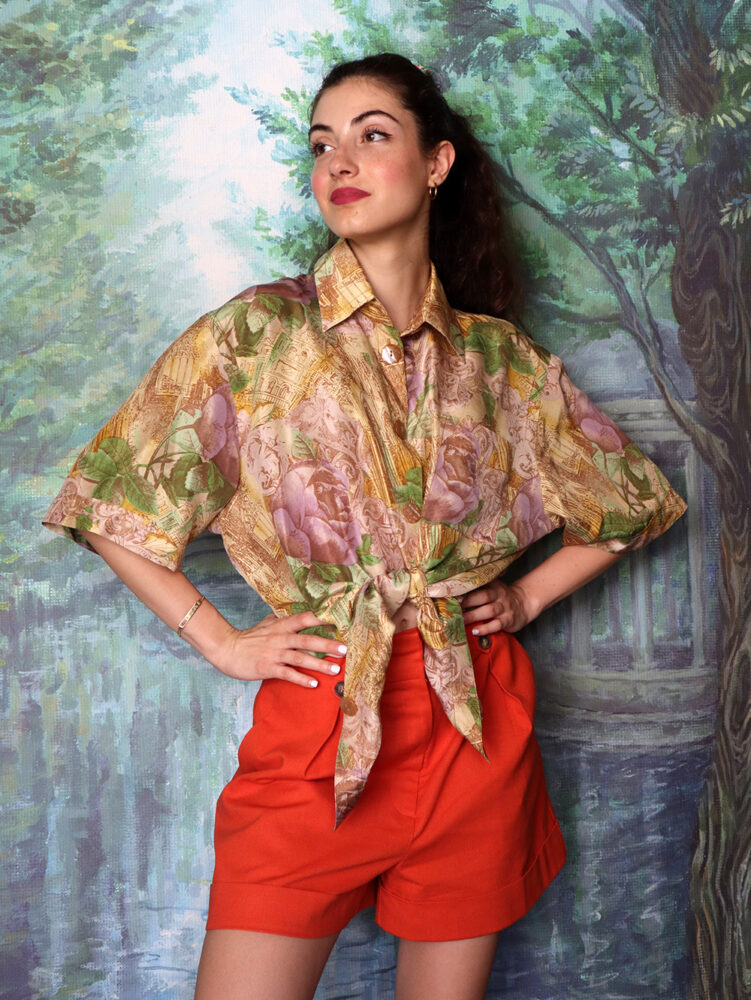 Silk oversized blouse in historical monuments and flower pattern