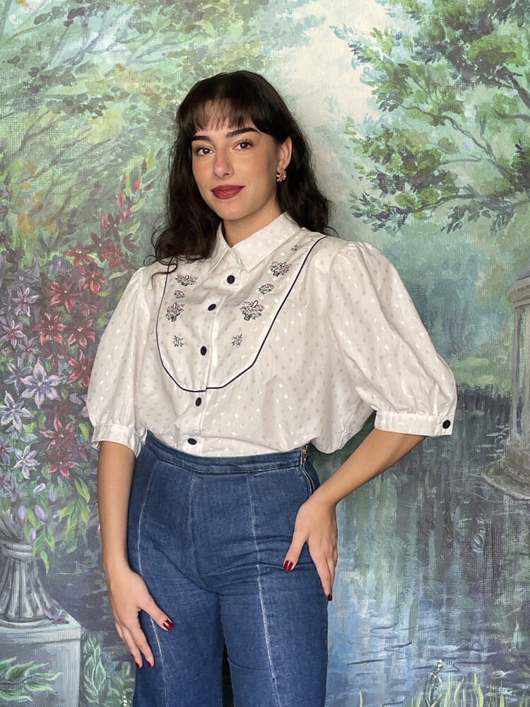 Vintage polka dot jacquard embroidered blouse
