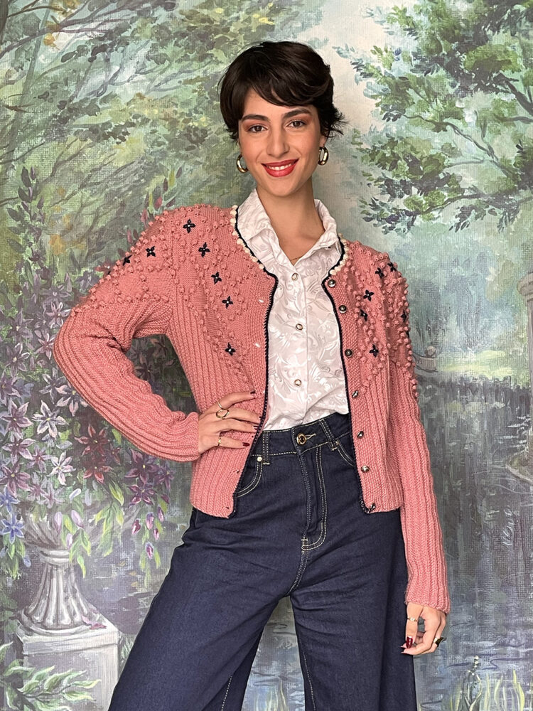 Vintage Austrian wool embroidered popcorn pink cardigan