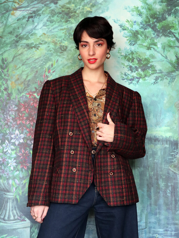 Vintage wool checked oversized burgundy – brown jacket
