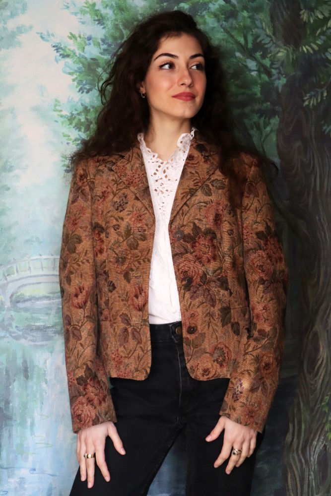 Vintage Austrian floral tapestry brown jacket