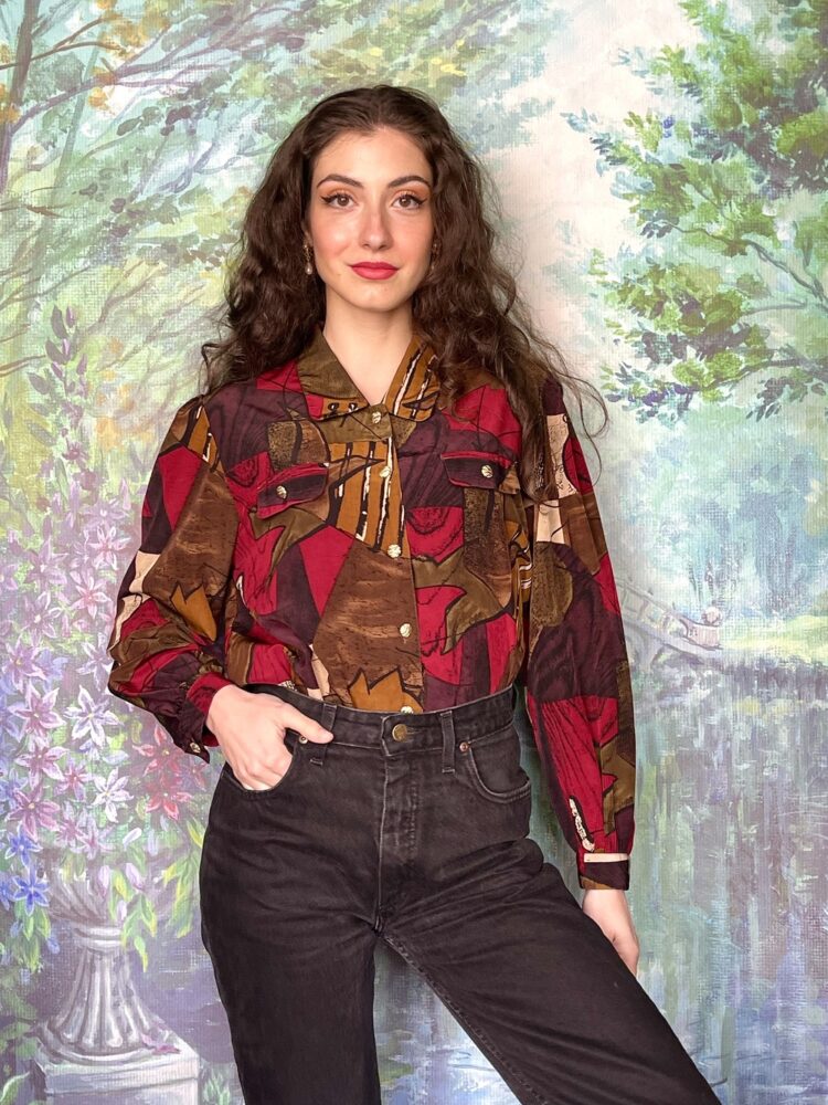 Vintage brown burgundy abstract blouse