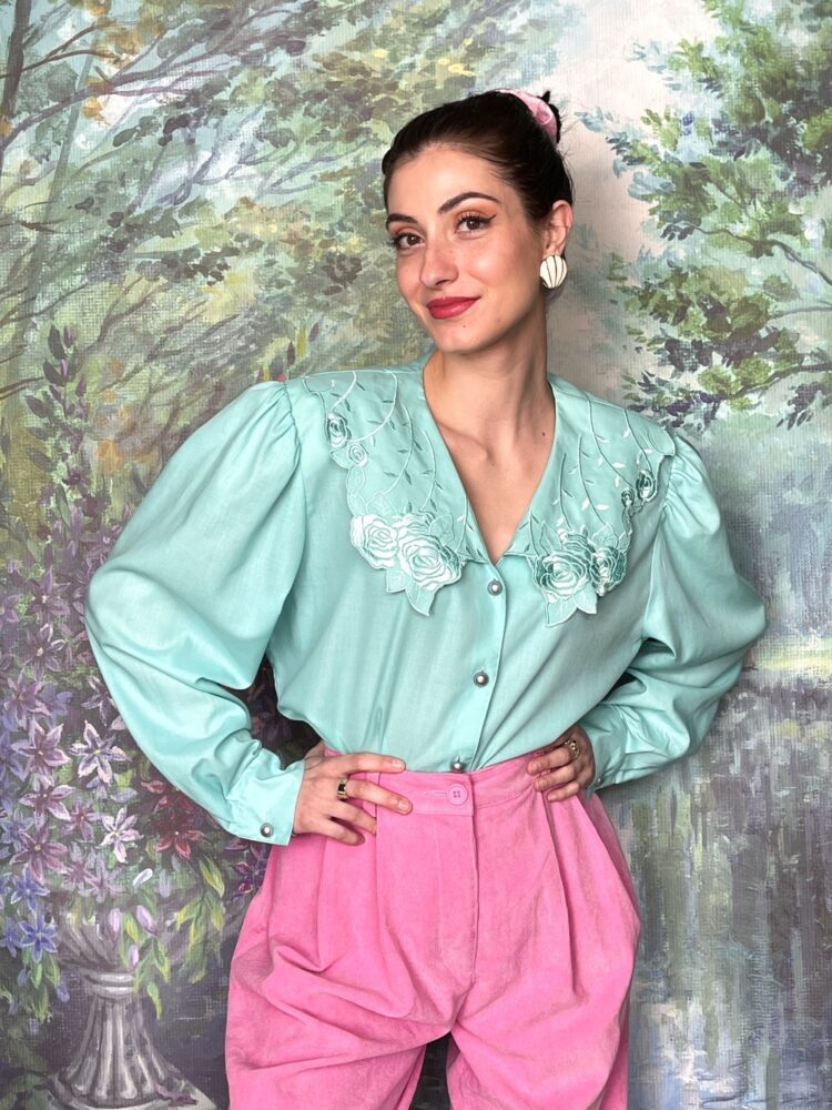 Vintage turquoise embroidered roses blouse