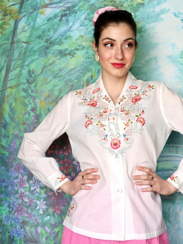 Vintage handembroidered floral white blouse