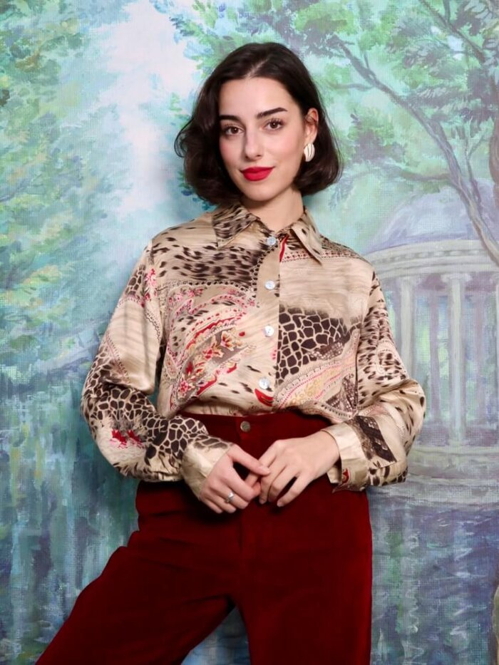 Vintage silk abstract leopard floral blouse