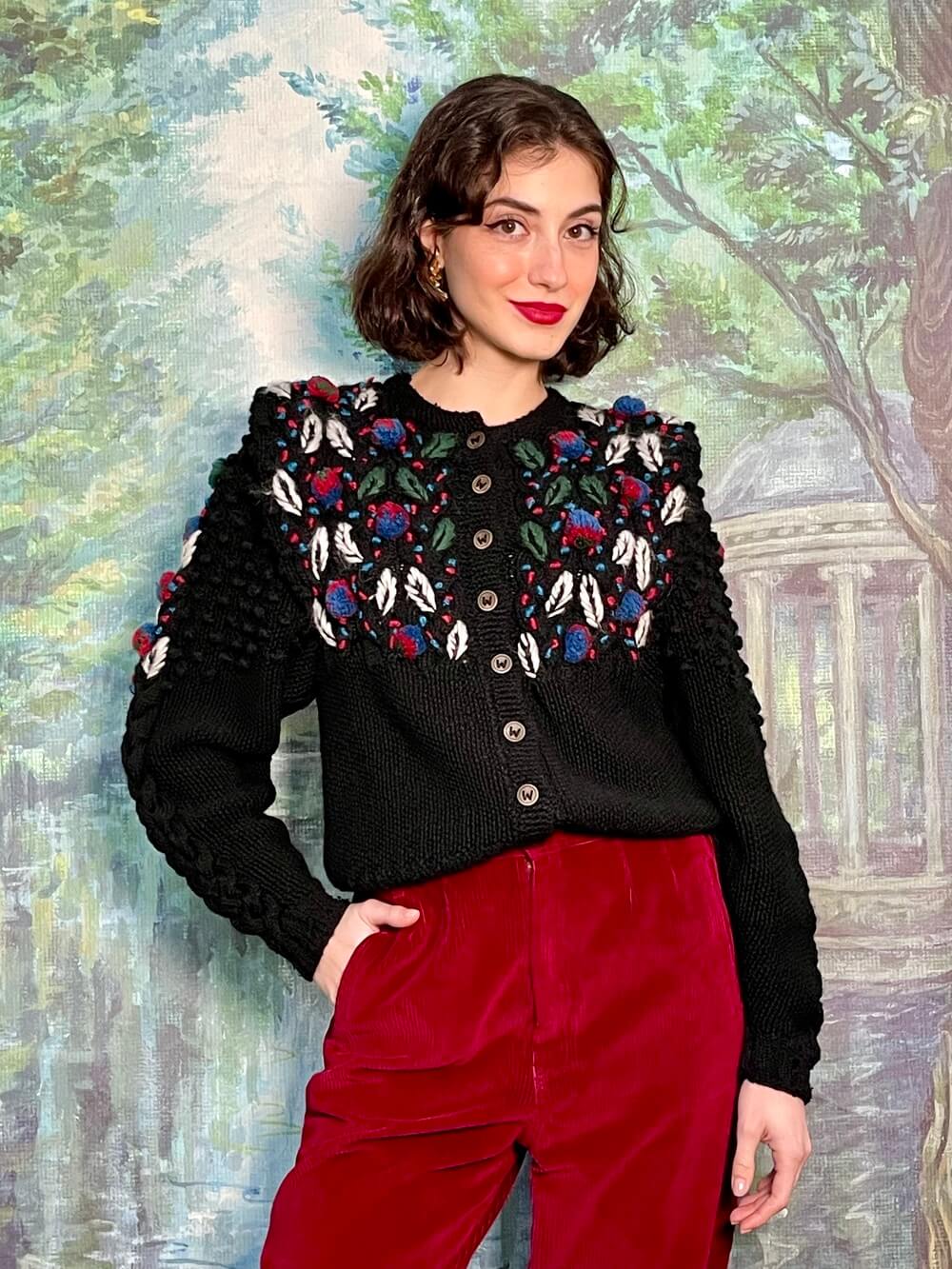 Vintage Wolkenstricker wool embroidered black cardigan