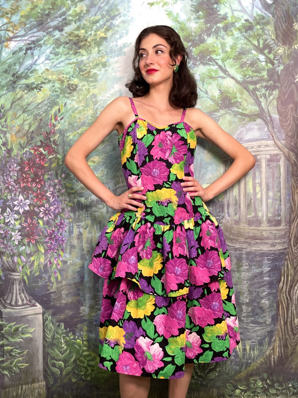 80s Bold Floral Tiered Dress