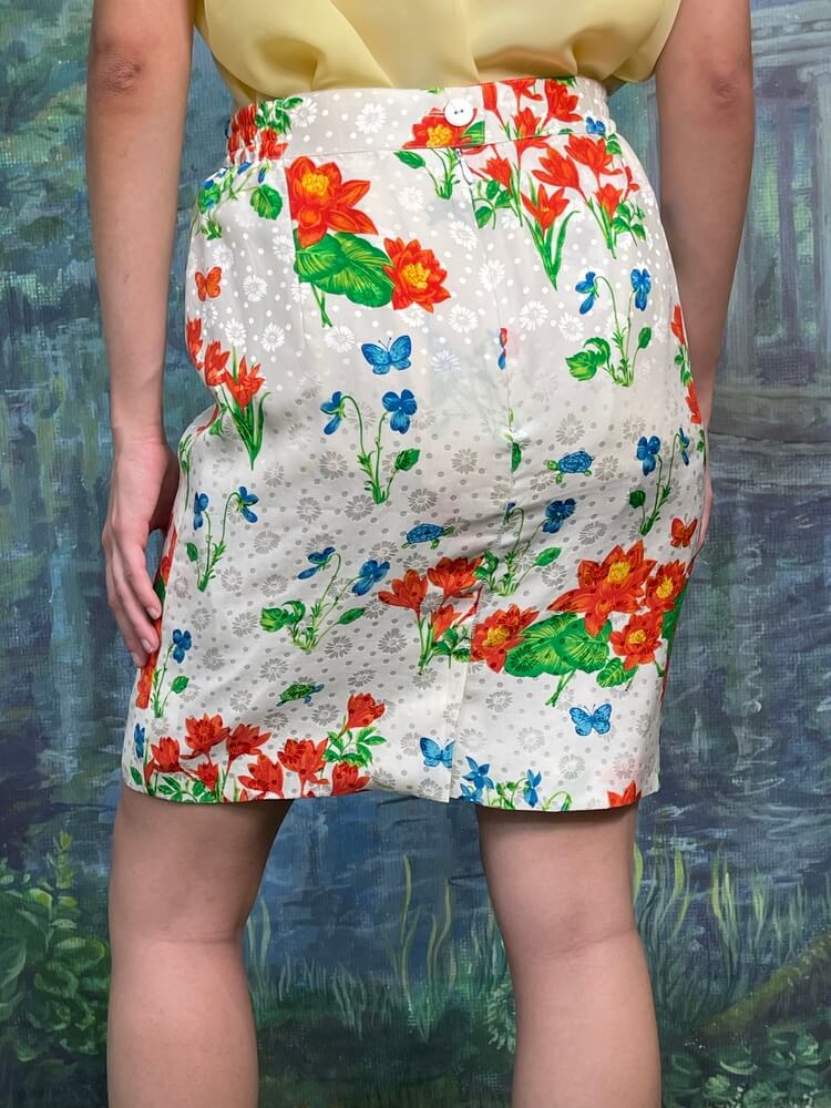 Vintage Floral Pencil Skirt with Turtles and Butterflies
