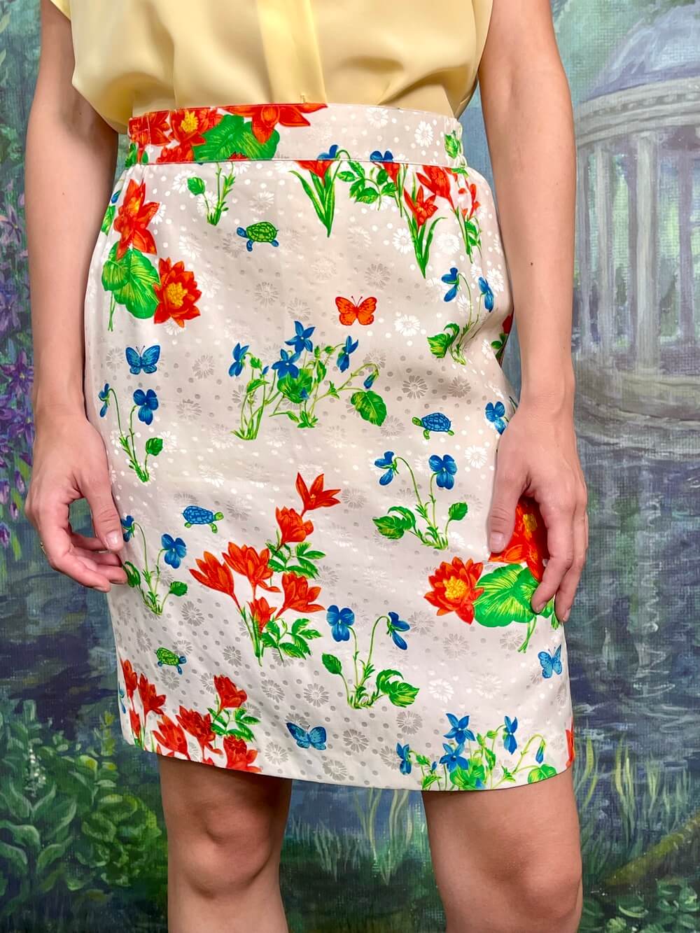 Vintage Floral Pencil Skirt with Turtles and Butterflies
