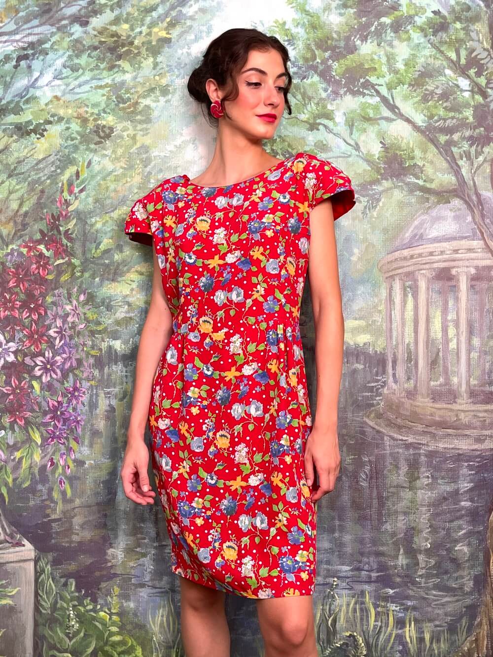 Vintage red floral polka dot fitted silhouette dress