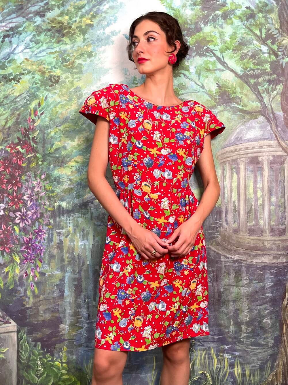 Vintage red floral polka dot fitted silhouette dress