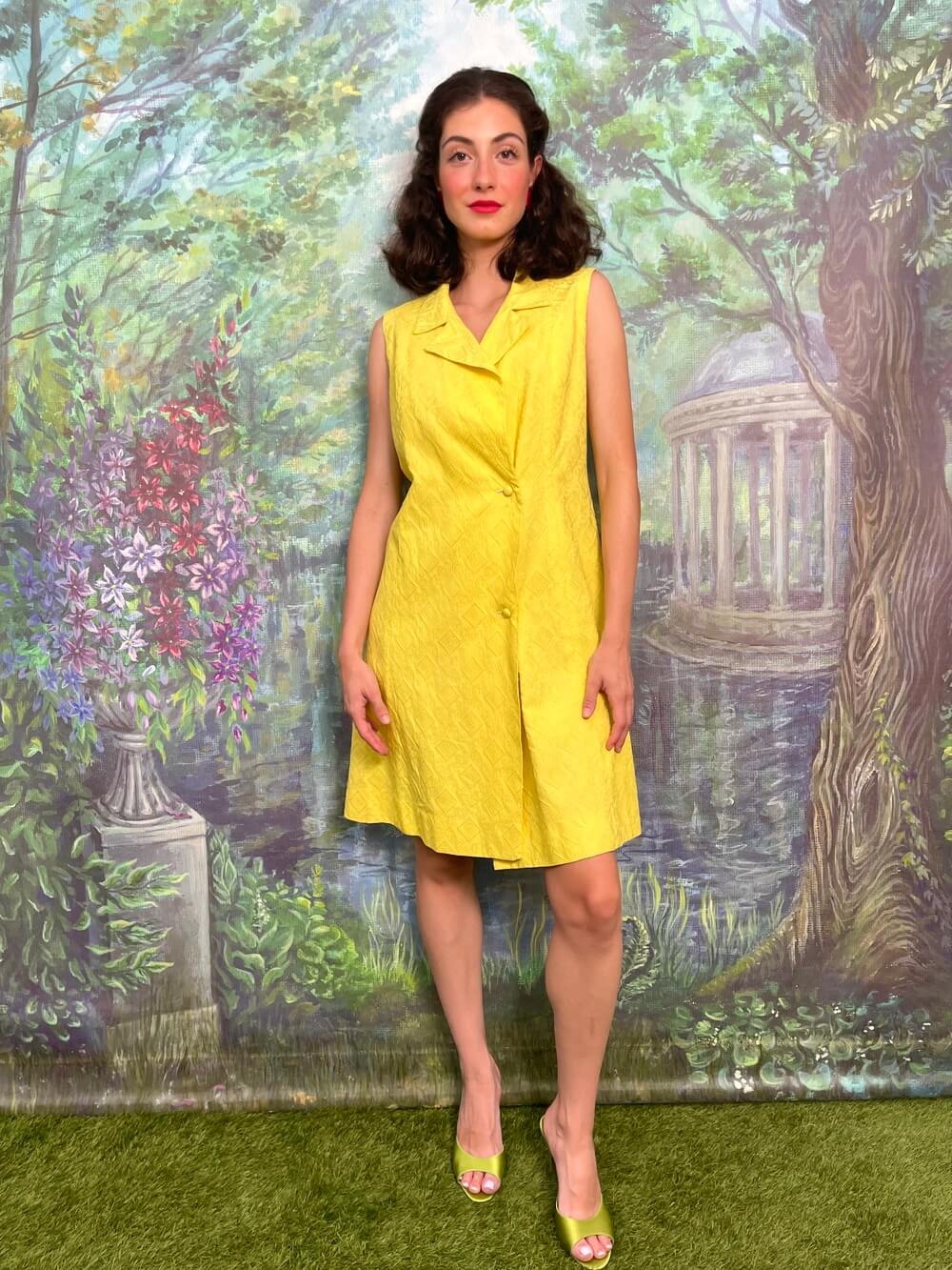 Vintage Yellow Sleeveless Dress with Embossed Texture