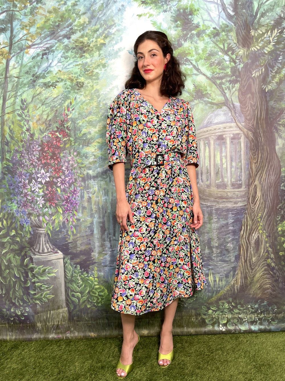 Vintage floral belted midi dress