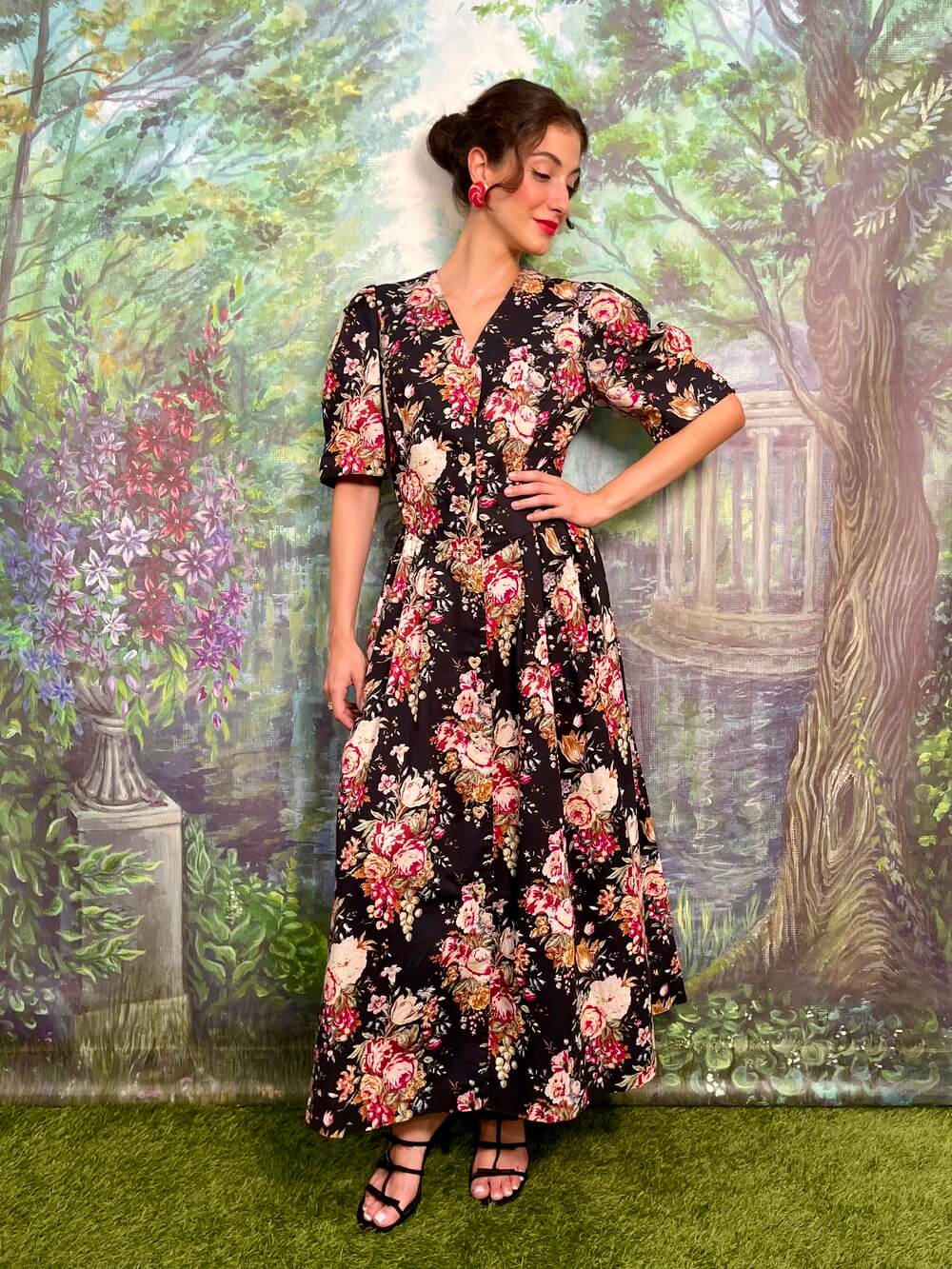 Vintage Austrian cotton floral maxi dress with puff sleeves