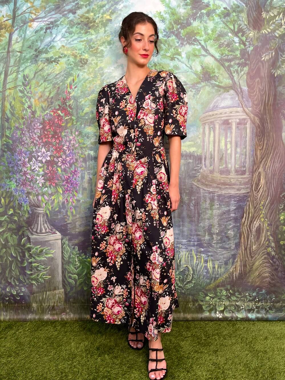 Vintage Austrian cotton floral maxi dress with puff sleeves