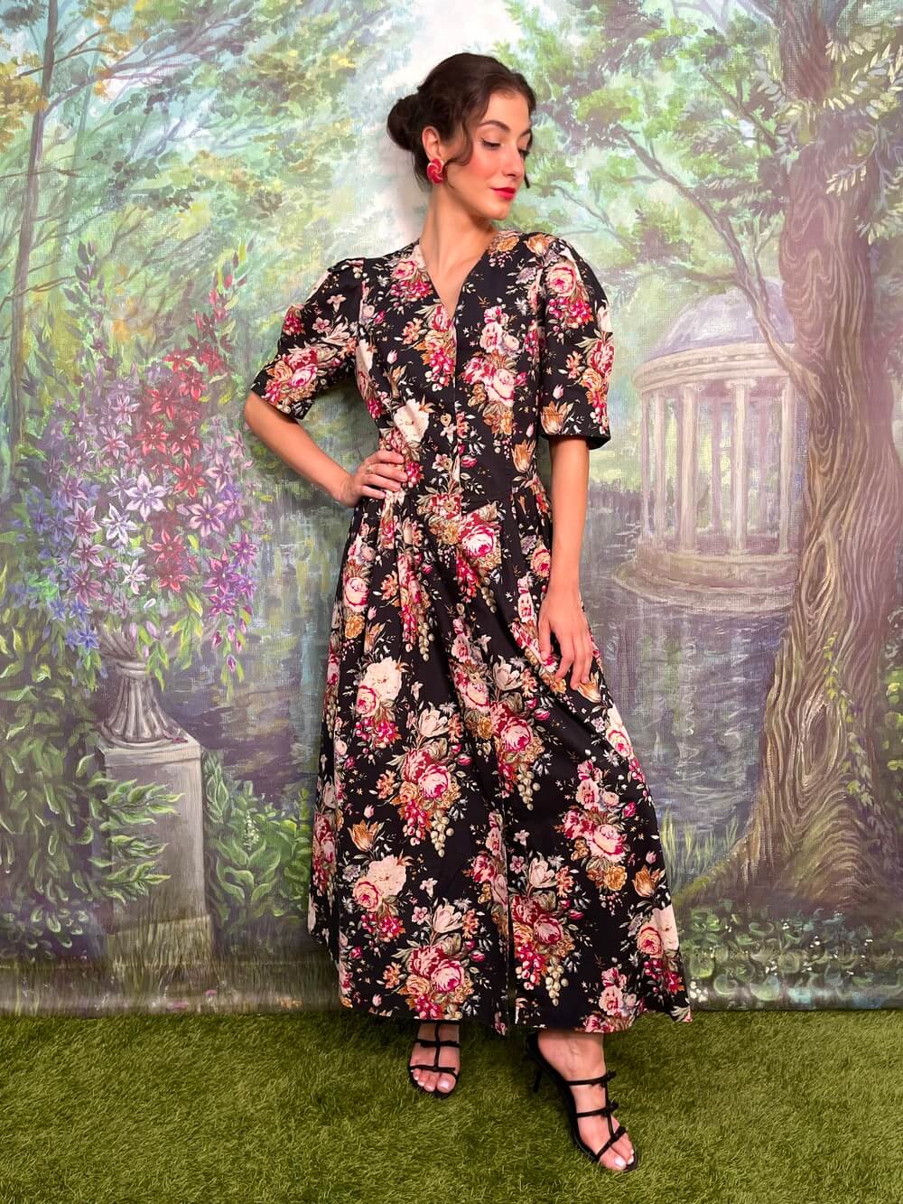 Vintage Austrian cotton floral maxi dress with puff sleeves
