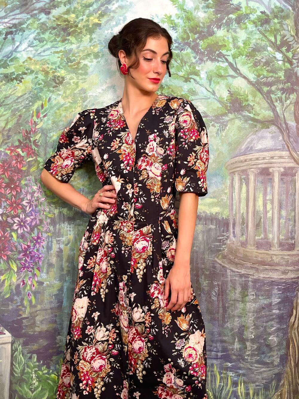 Vintage Austrian cotton floral maxi dress with puff sleeves