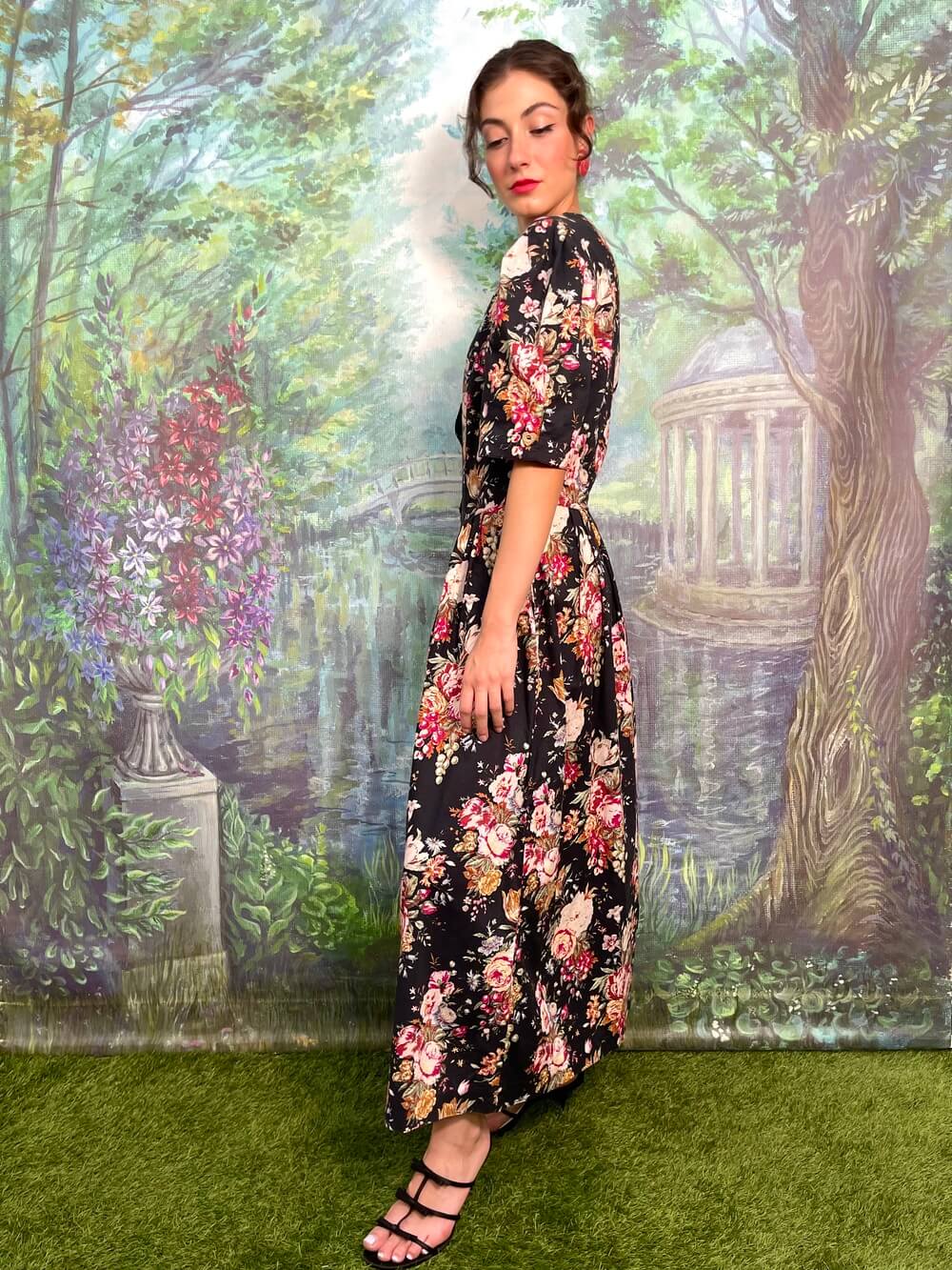 Vintage Austrian cotton floral maxi dress with puff sleeves