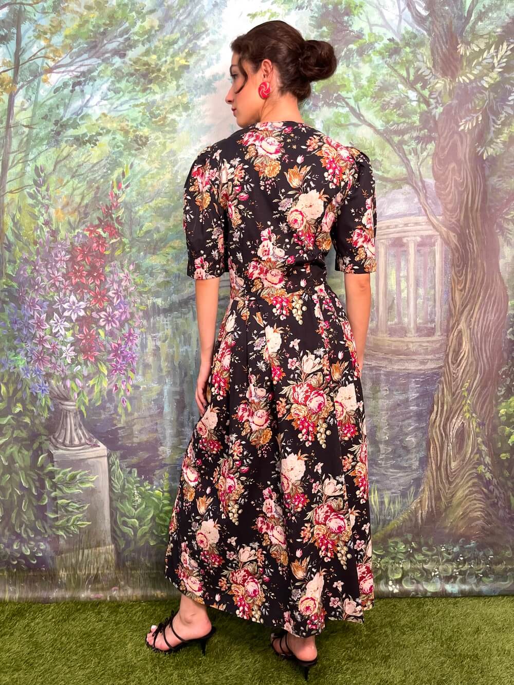 Vintage Austrian cotton floral maxi dress with puff sleeves