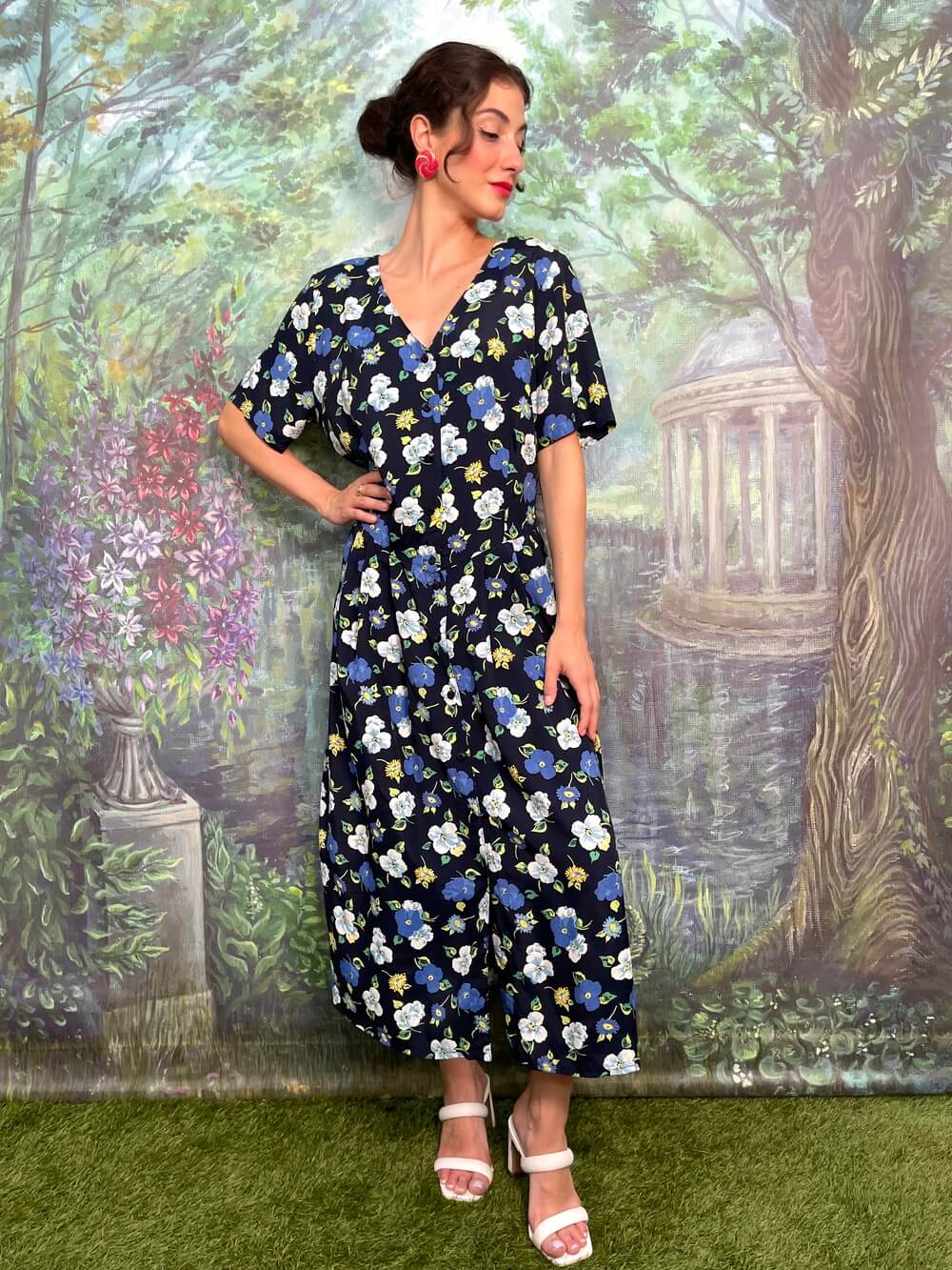 Vintage navy floral midi dress