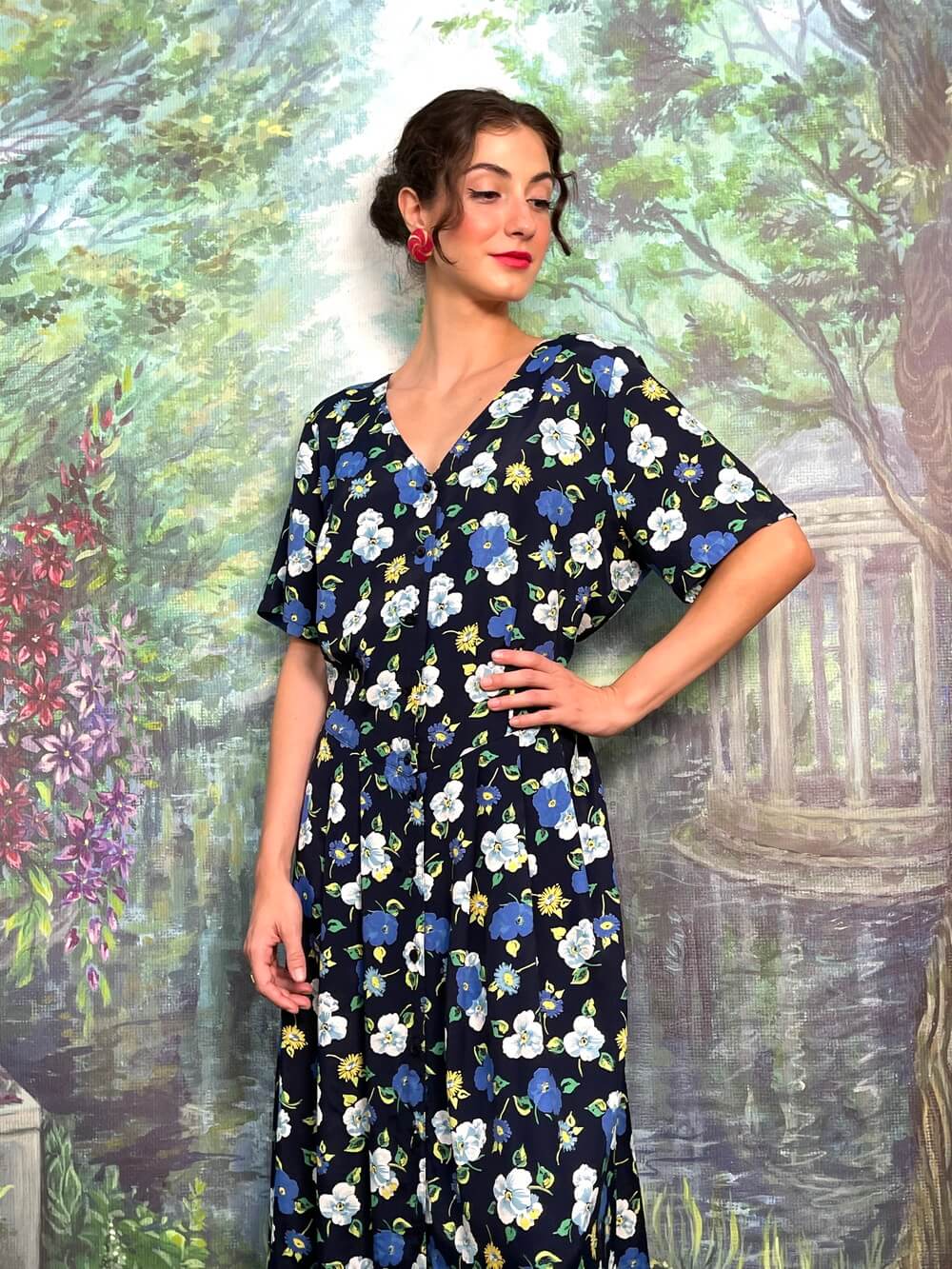 Vintage navy floral midi dress