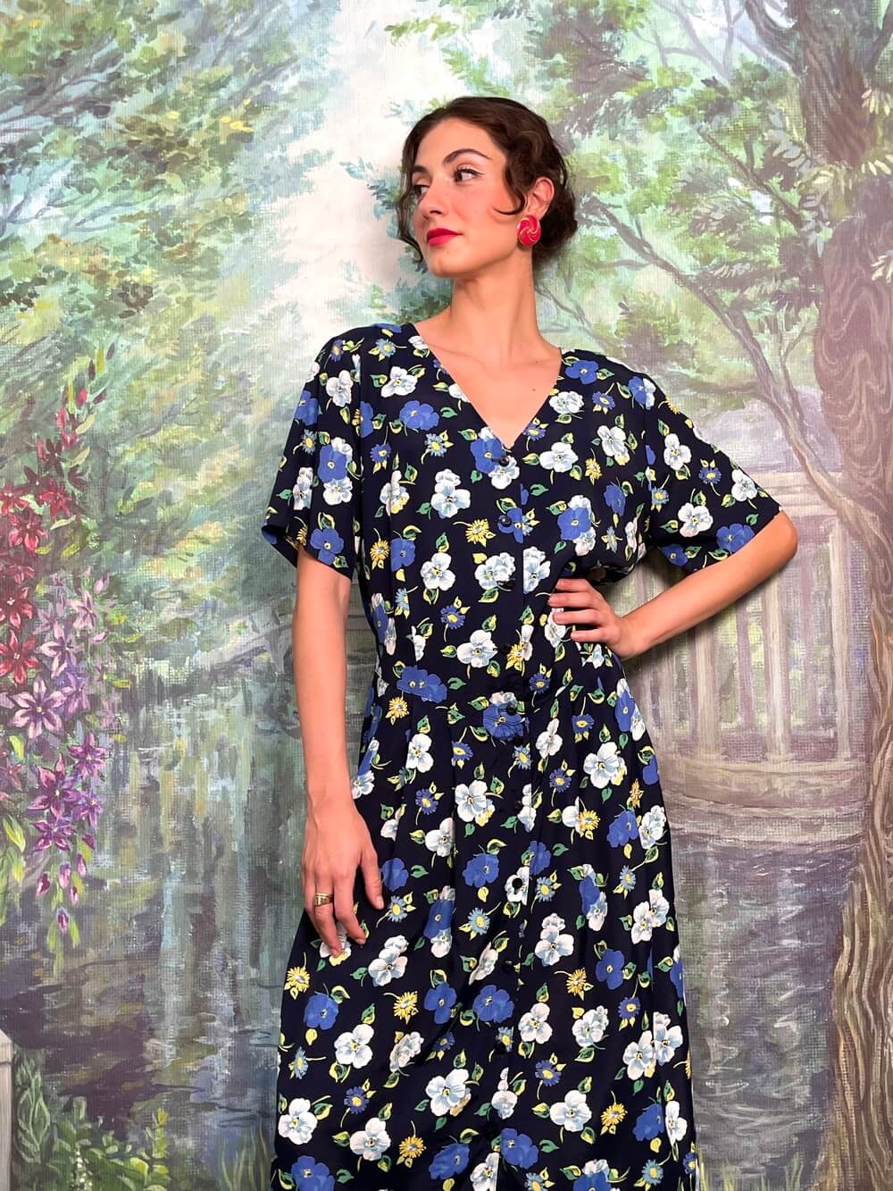 Vintage navy floral midi dress