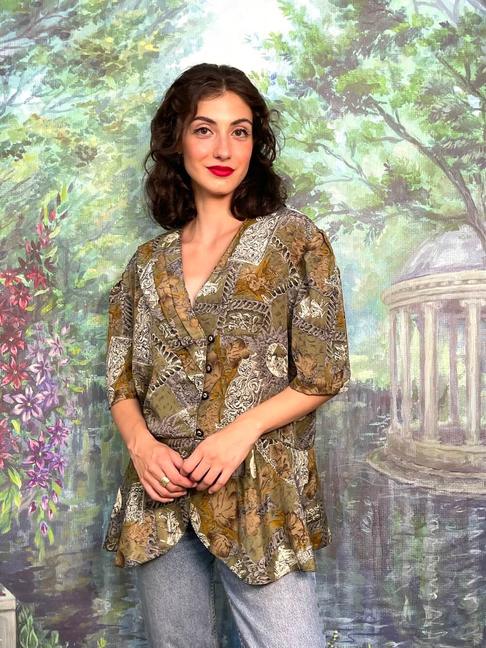 Vintage dark green puff sleeves blouse