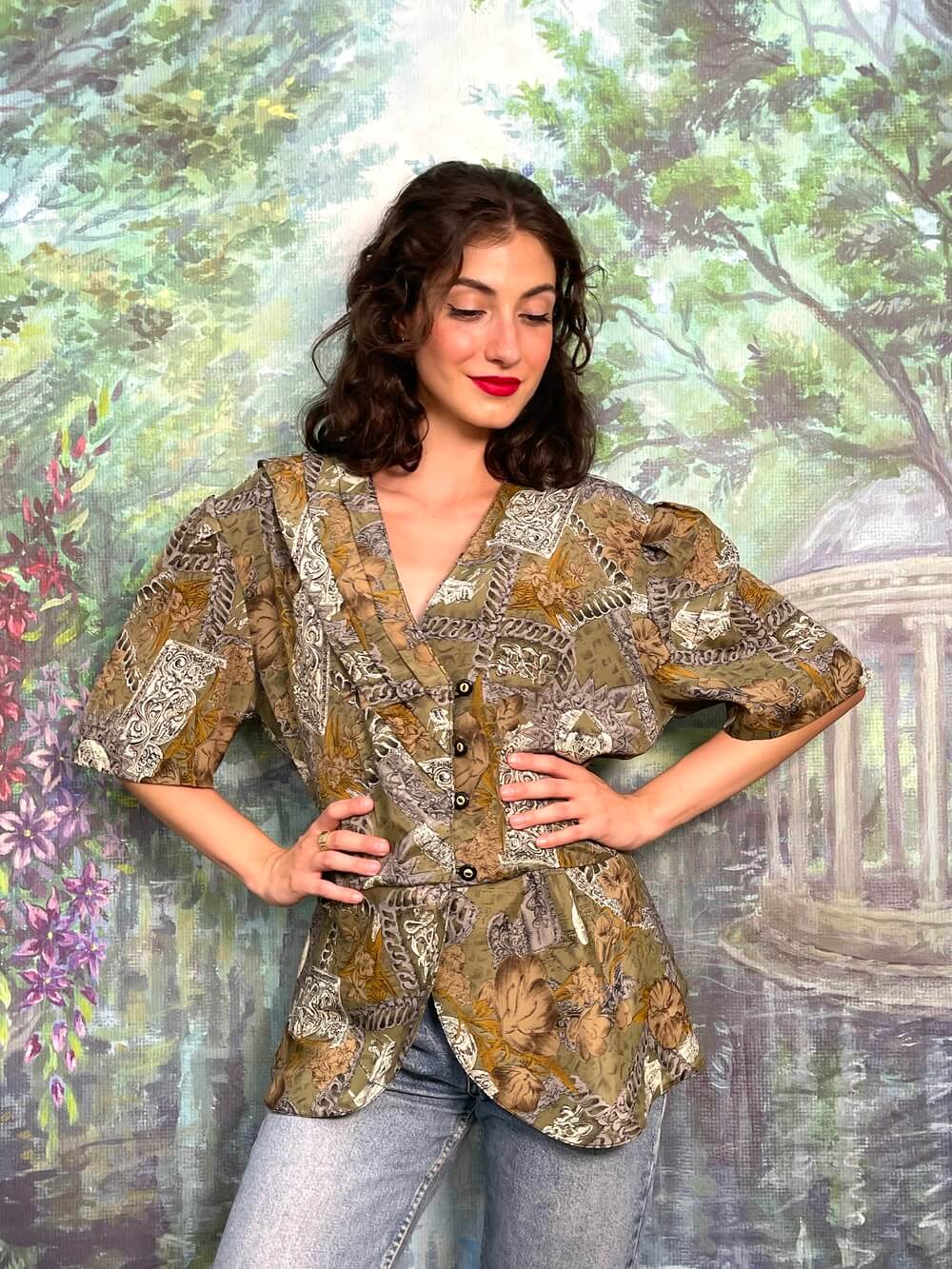 Vintage dark green puff sleeves blouse