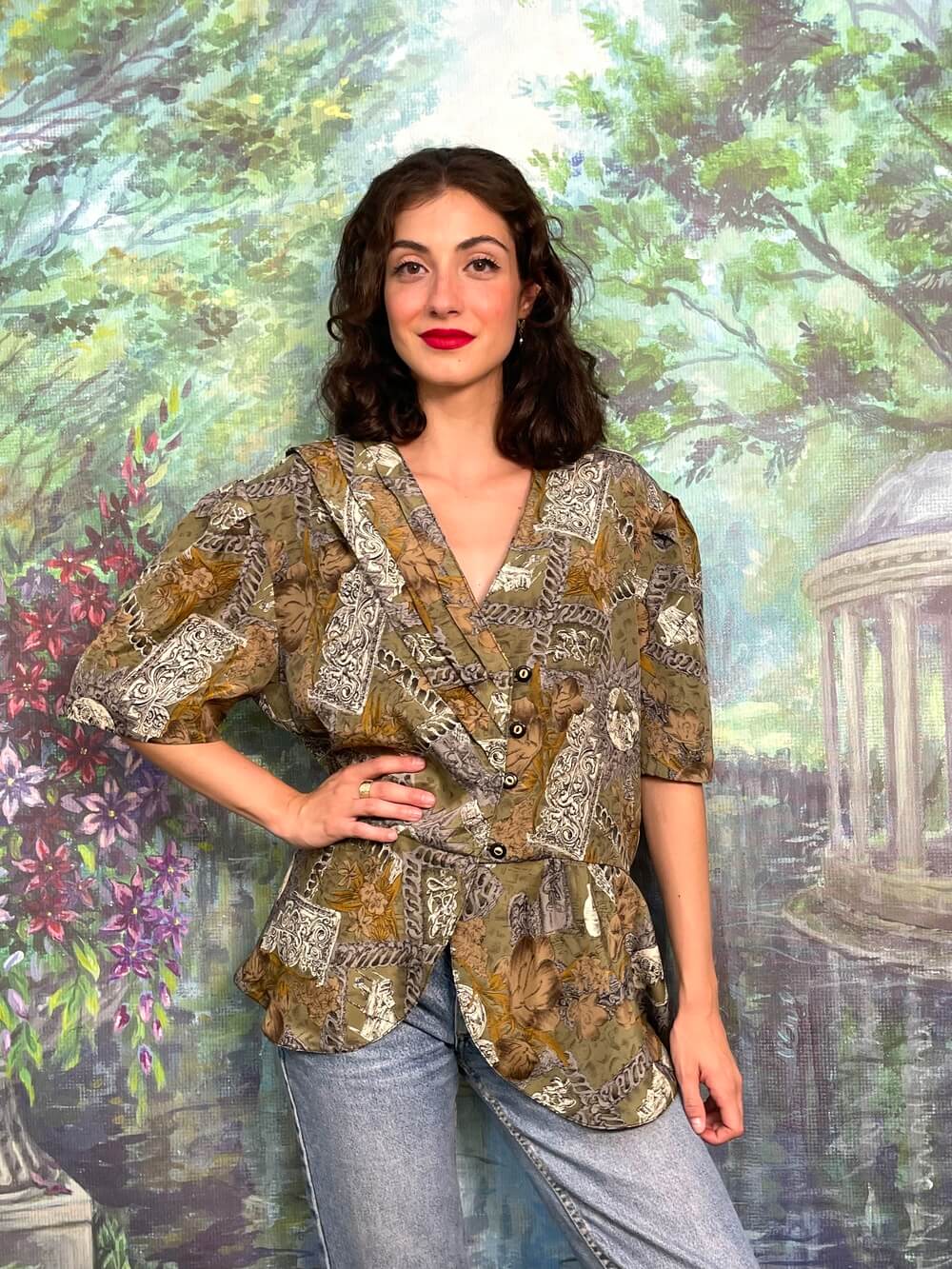 Vintage dark green puff sleeves blouse