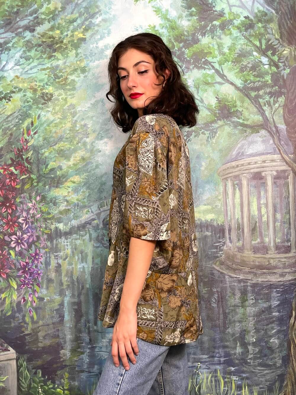 Vintage dark green puff sleeves blouse