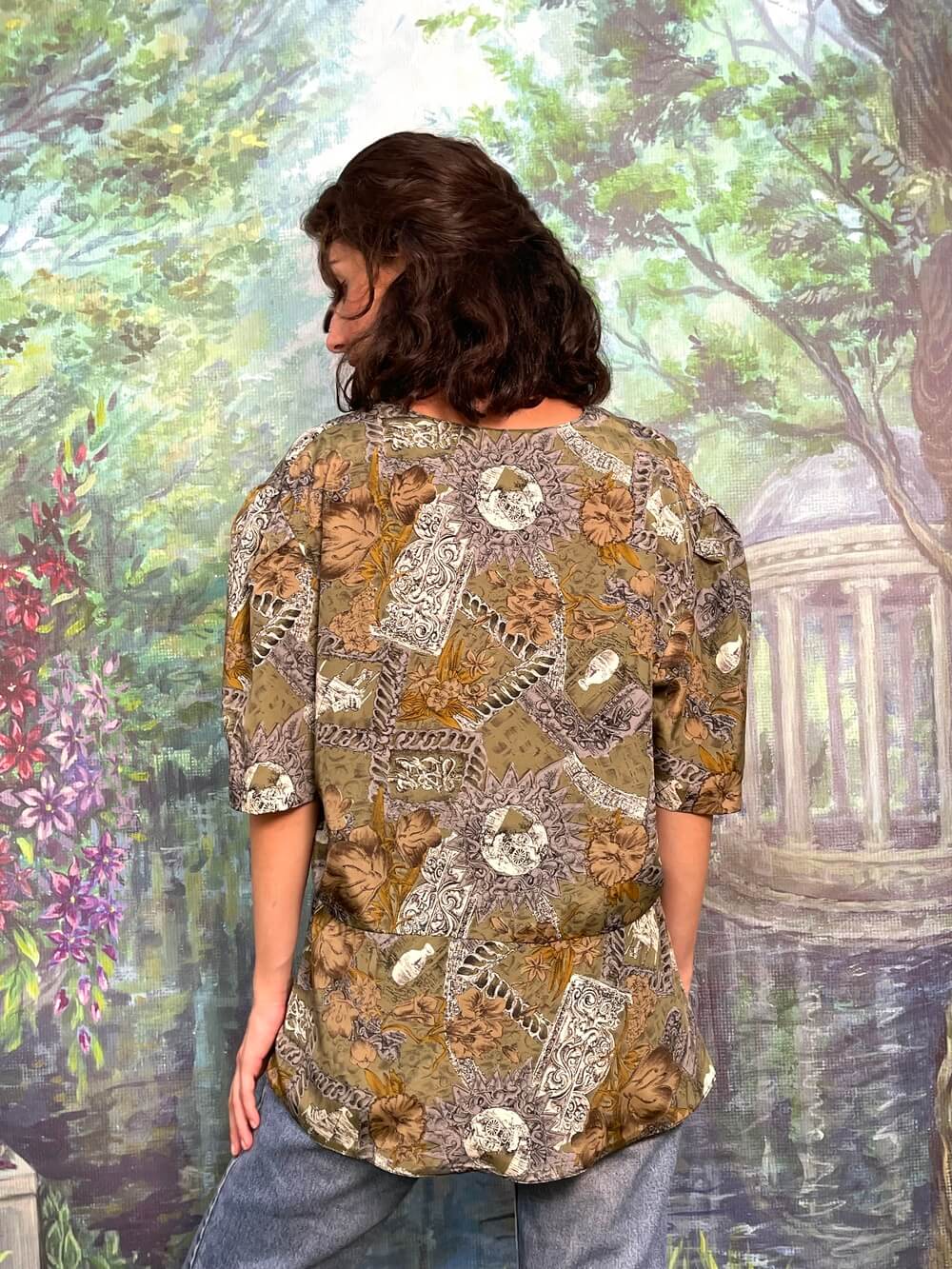 Vintage dark green puff sleeves blouse