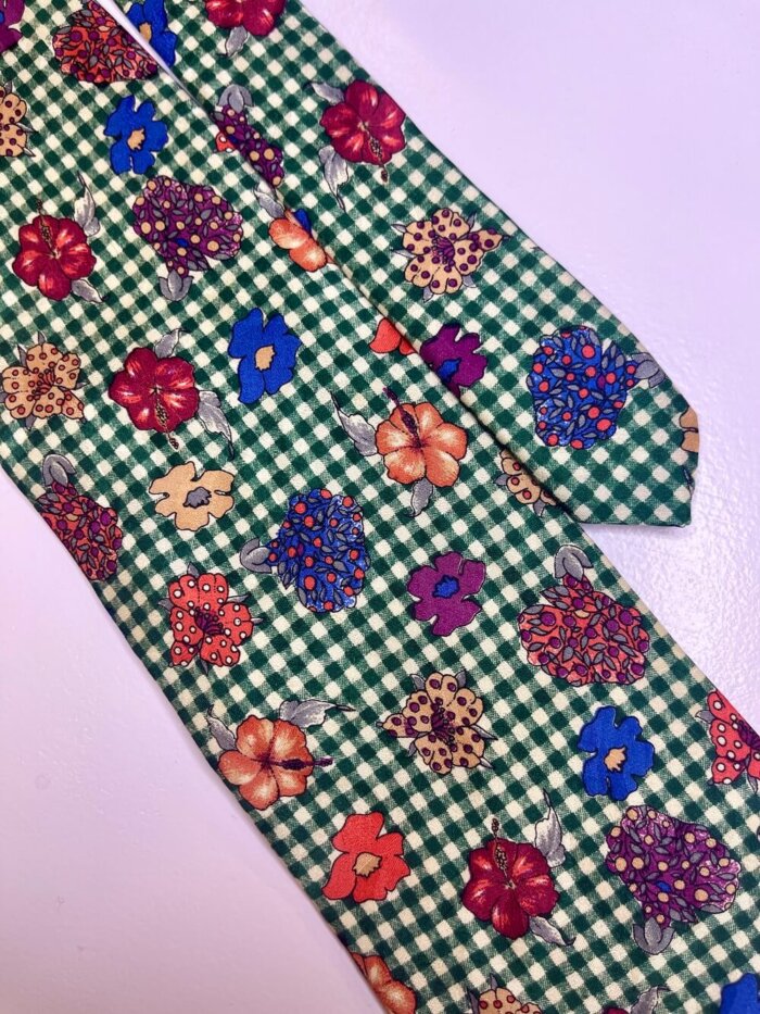 Vintage silk green checked floral tie