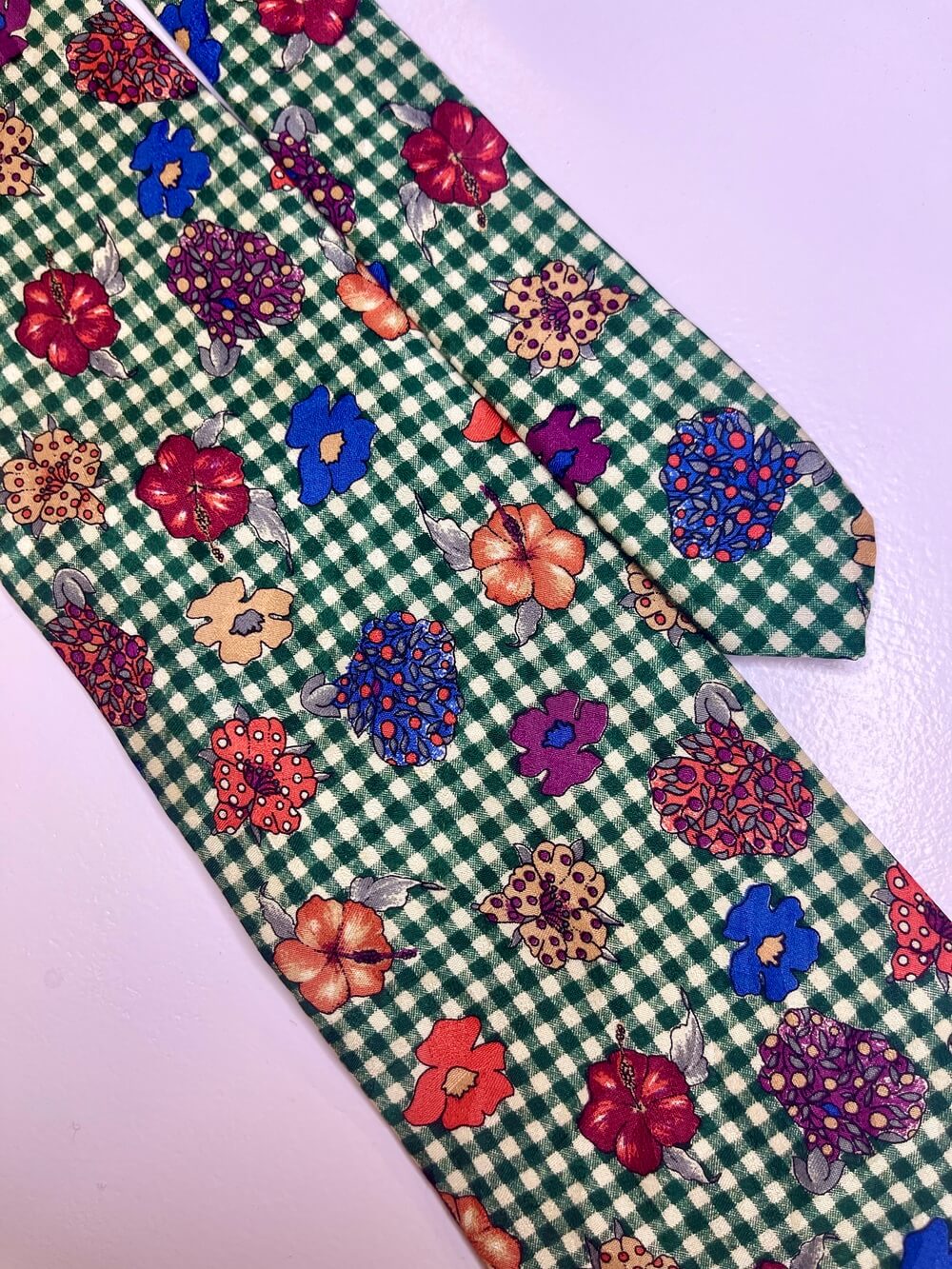 Vintage silk green checked floral tie