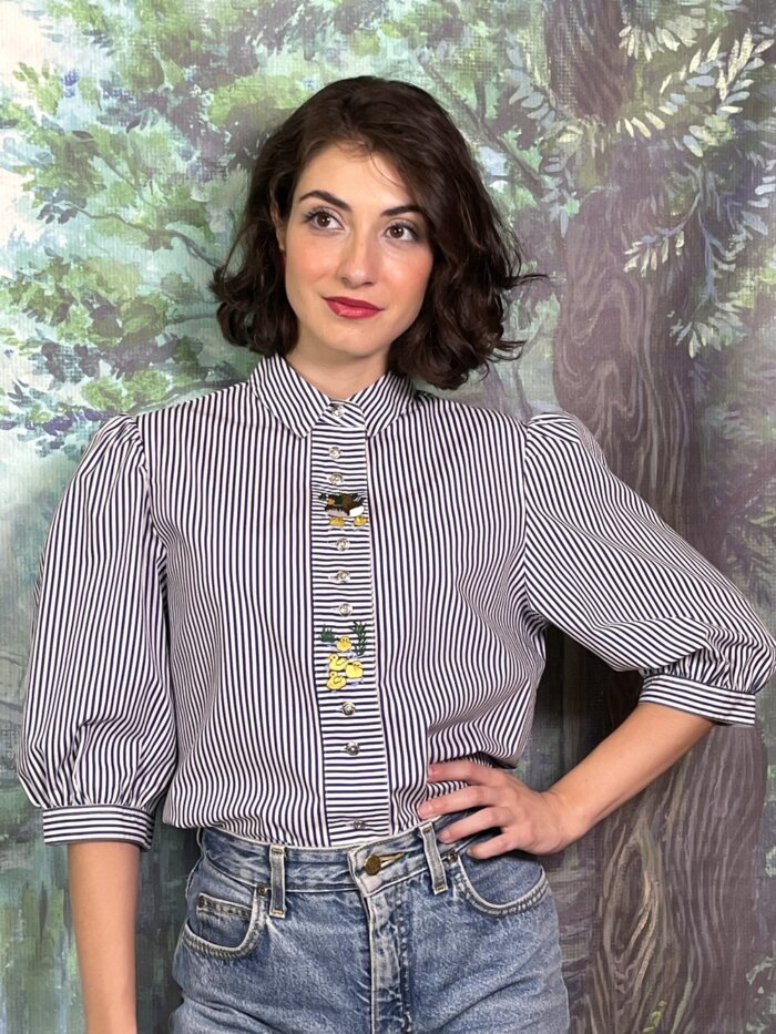 Vintage Striped Blouse with Duck Embroidery