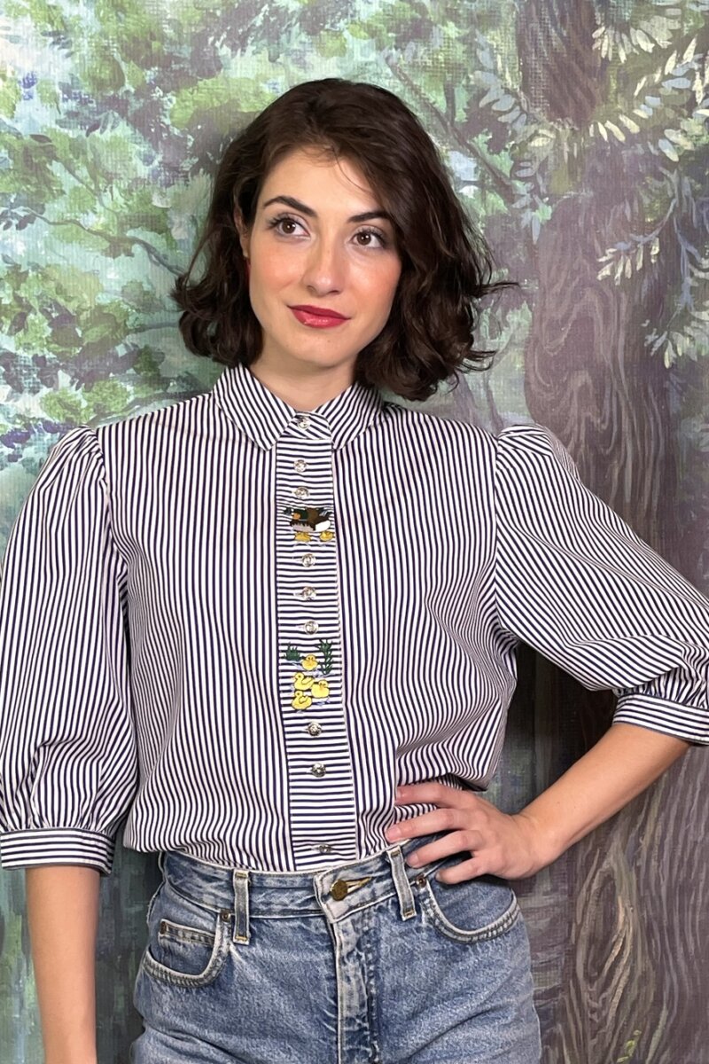 Vintage Striped Blouse with Duck Embroidery
