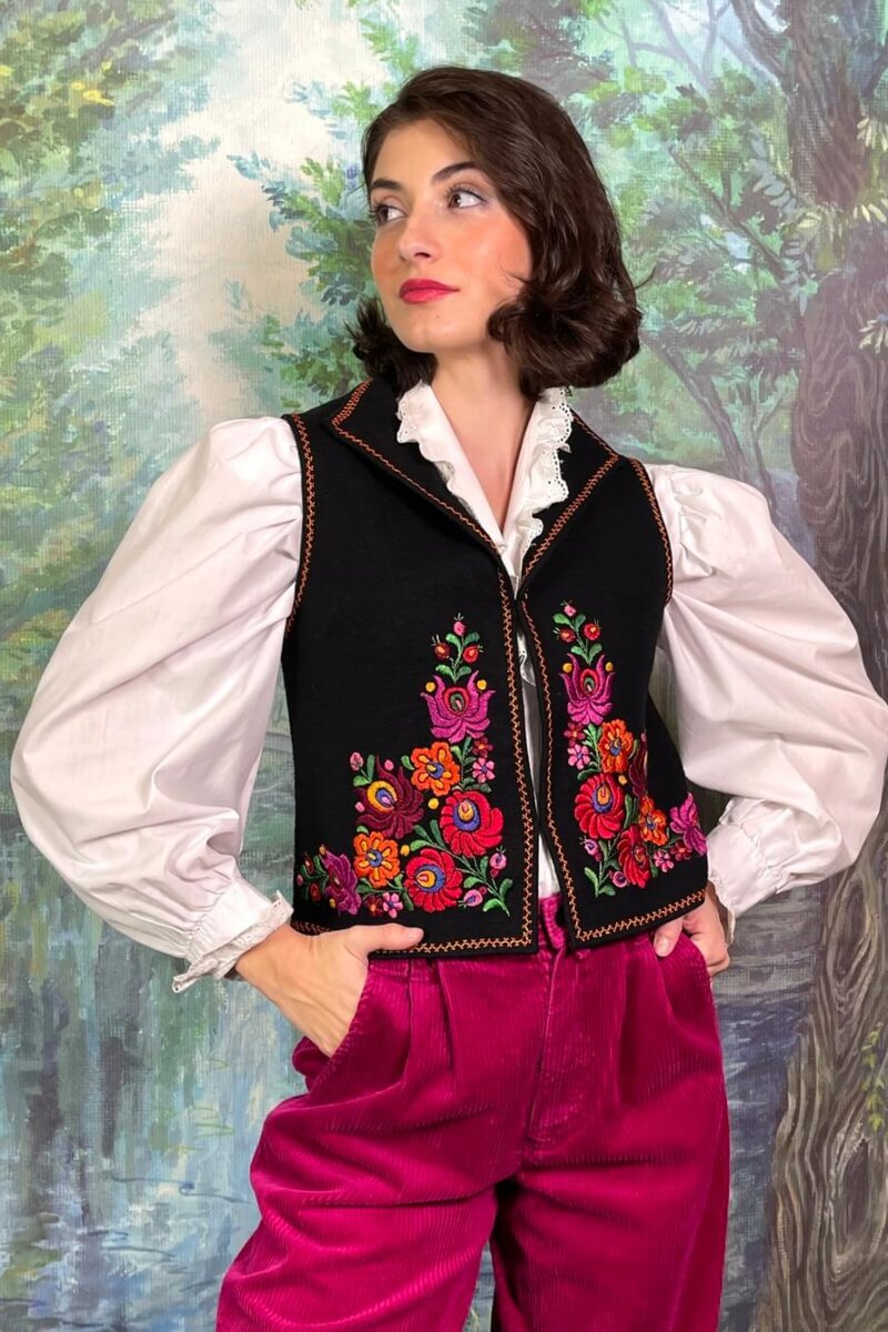 70s Hungarian Hand-Embroidered Floral Wool Vest